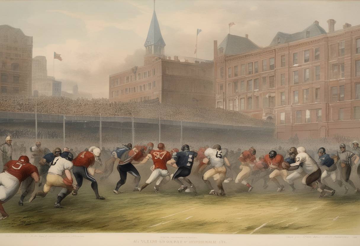 Watercolor painting based depiction of Yale, Princeton, Columbia, and Rutgers Universities drafted the first rules for American football. This meeting is considered a fundamental step in establishing the game as a collegiate sport in the United States. (1873)