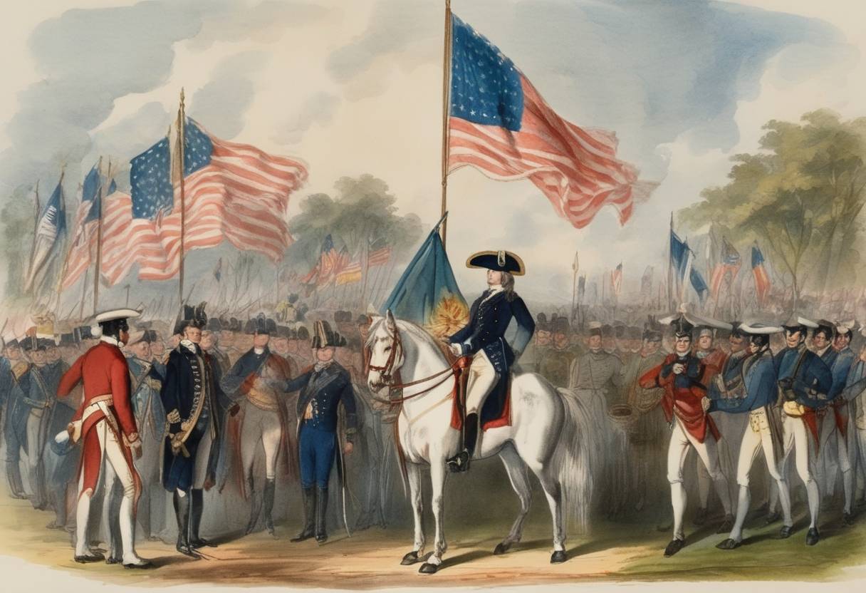 Watercolor painting based depiction of The United States takes formal possession of the Louisiana Territory from France during the ceremonial transfer in St. Louis, known as the Three Flags Day. (1803)