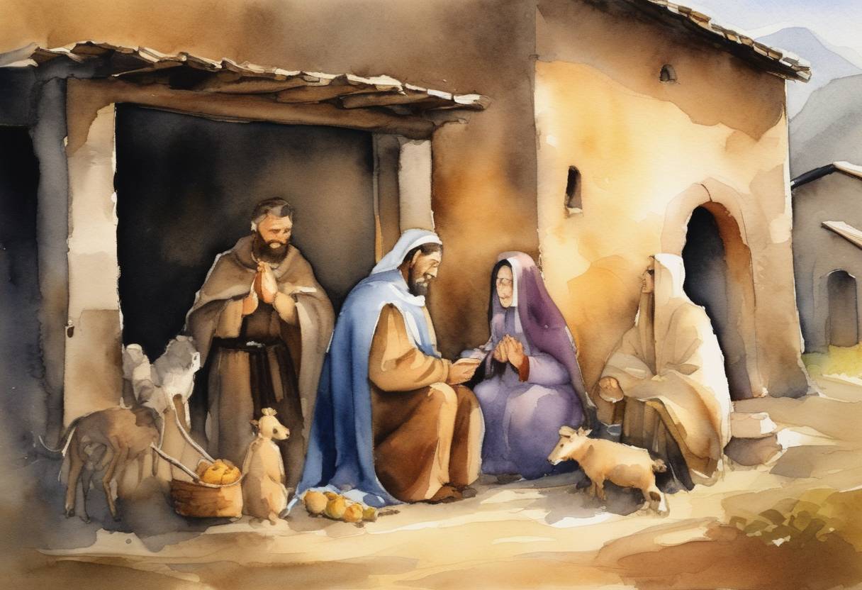 Watercolor painting based depiction of St. Francis of Assisi is credited with creating the first nativity scene in the town of Greccio, Italy. This event marked the inception of a tradition that sought to focus on the celebration of Christ's birth in a simple and humble manner. (1223)