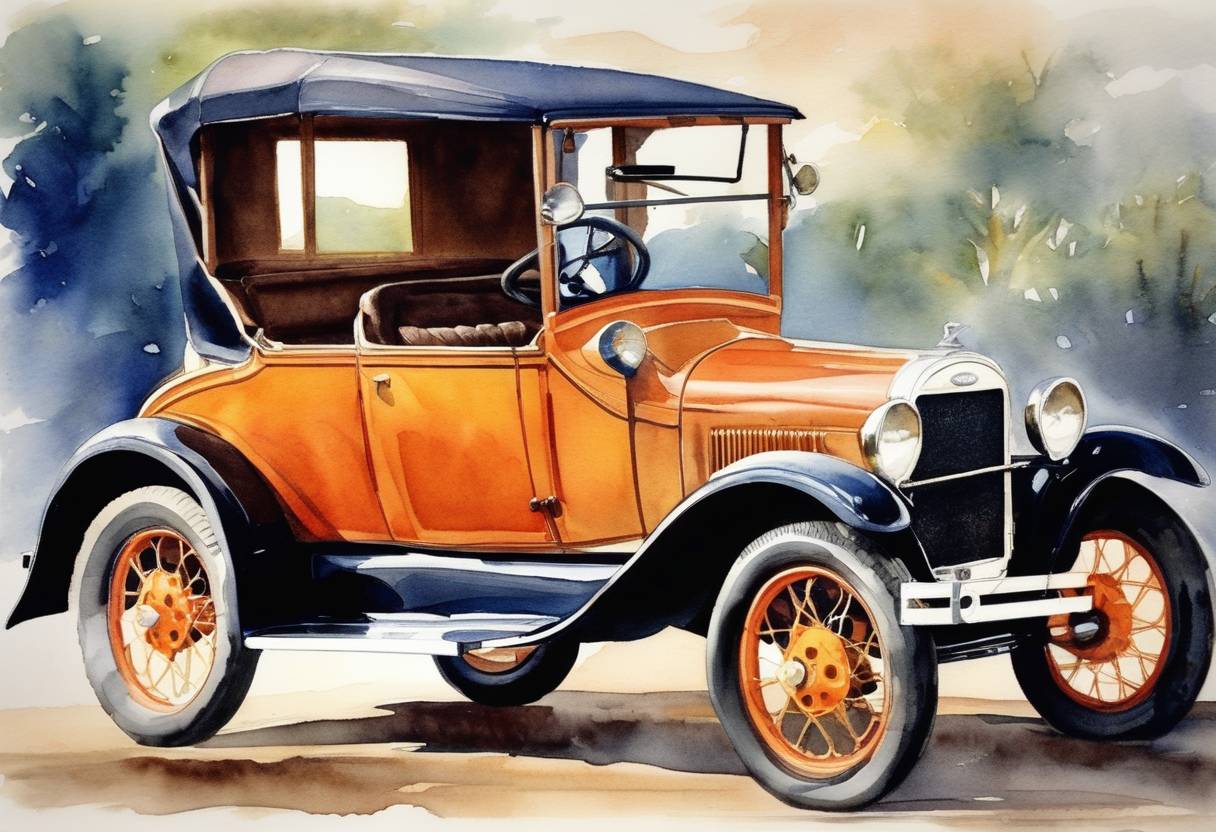 Watercolor painting based depiction of The Ford Model A was launched, marking a significant advancement in automobile design and manufacturing after the success of the Model T. (1927)