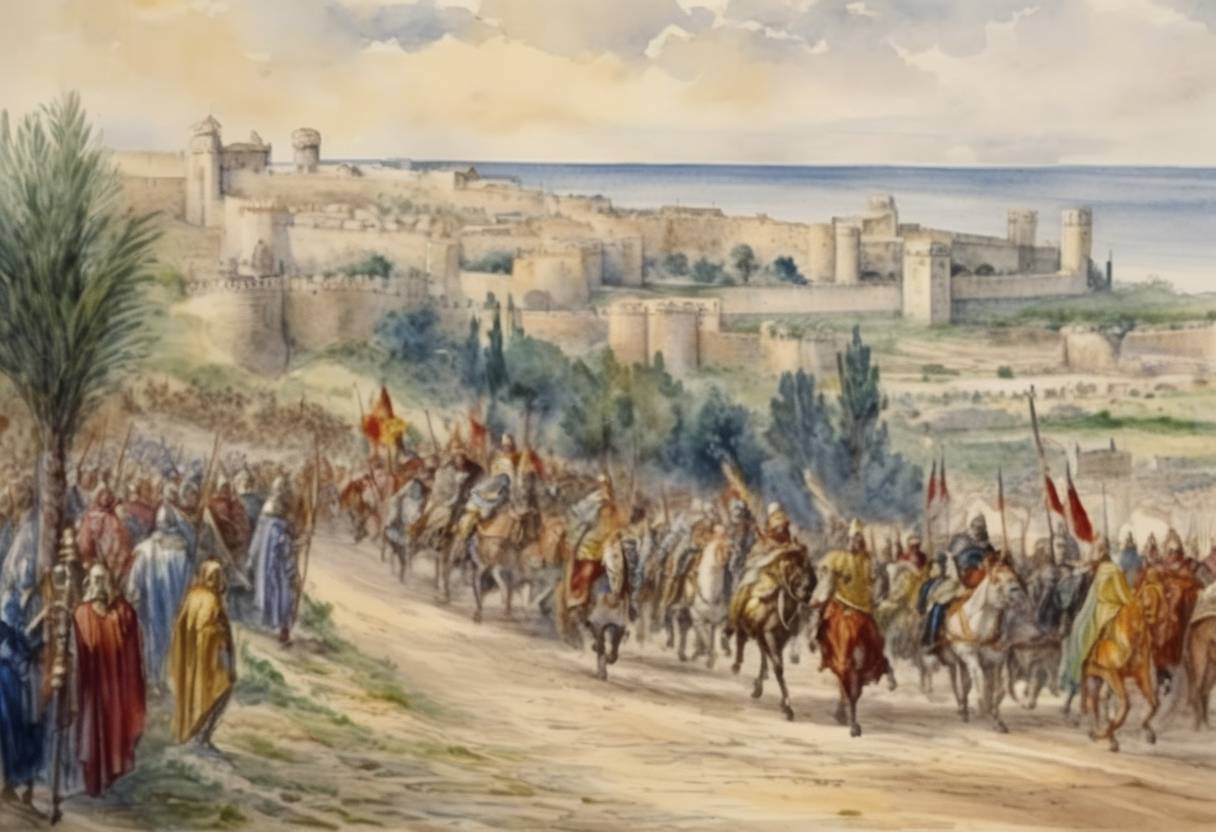 Watercolor painting based depiction of Holy Roman Emperor Frederick II lands at Acre, starting his crusade. (1228)