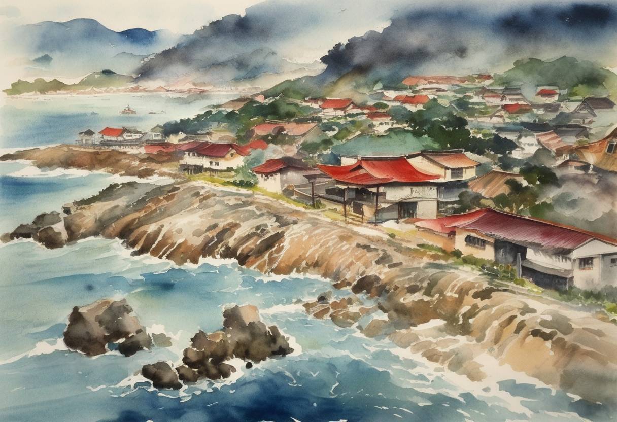 Watercolor painting based depiction of A major earthquake, registering 7.3 magnitude on the Richter scale, hit the Ryukyu Islands in Japan. (1948)