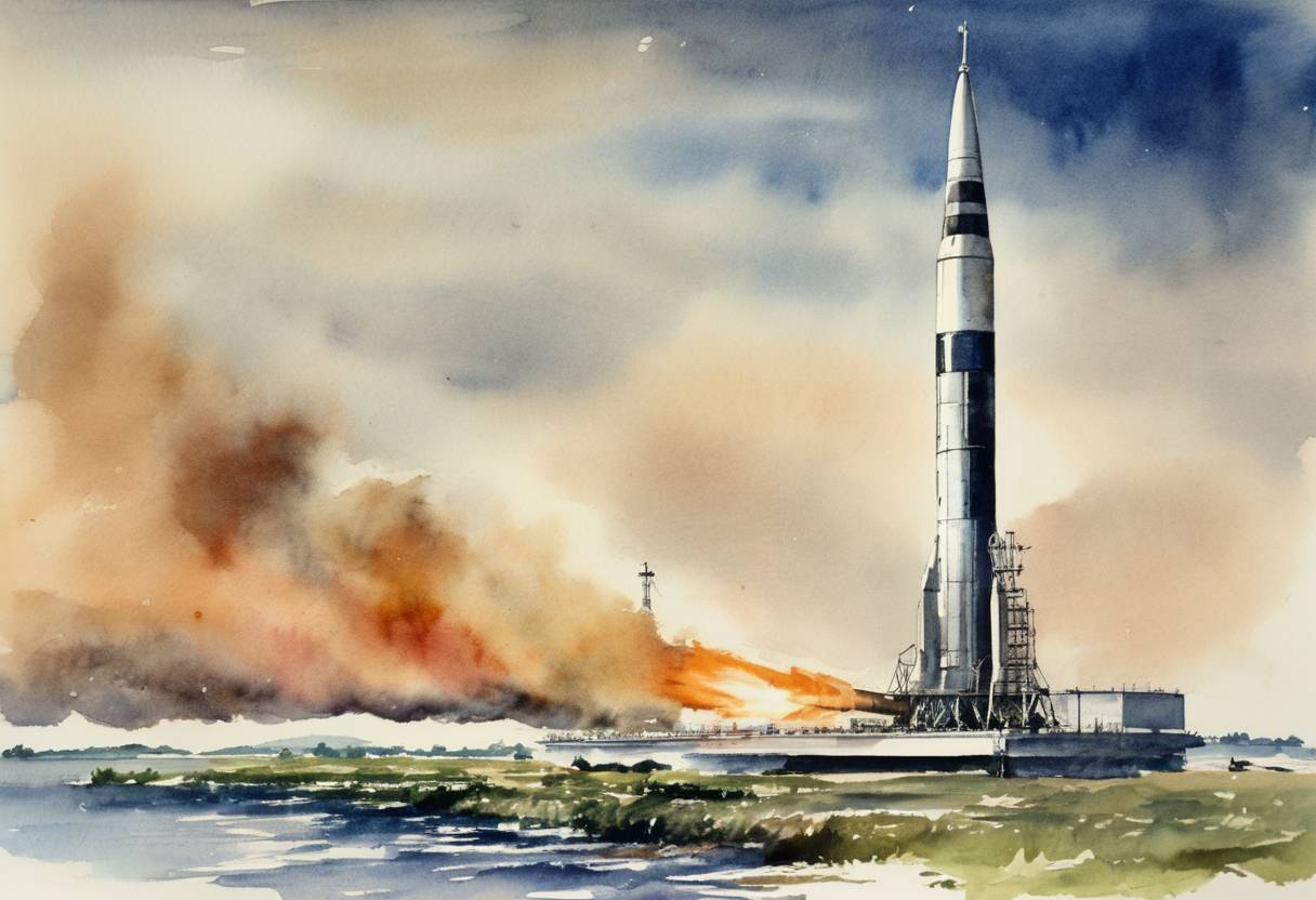 Watercolor painting based depiction of The United States successfully launches its first intercontinental ballistic missile (ICBM), the Atlas missile, from Cape Canaveral, Florida. (1957)