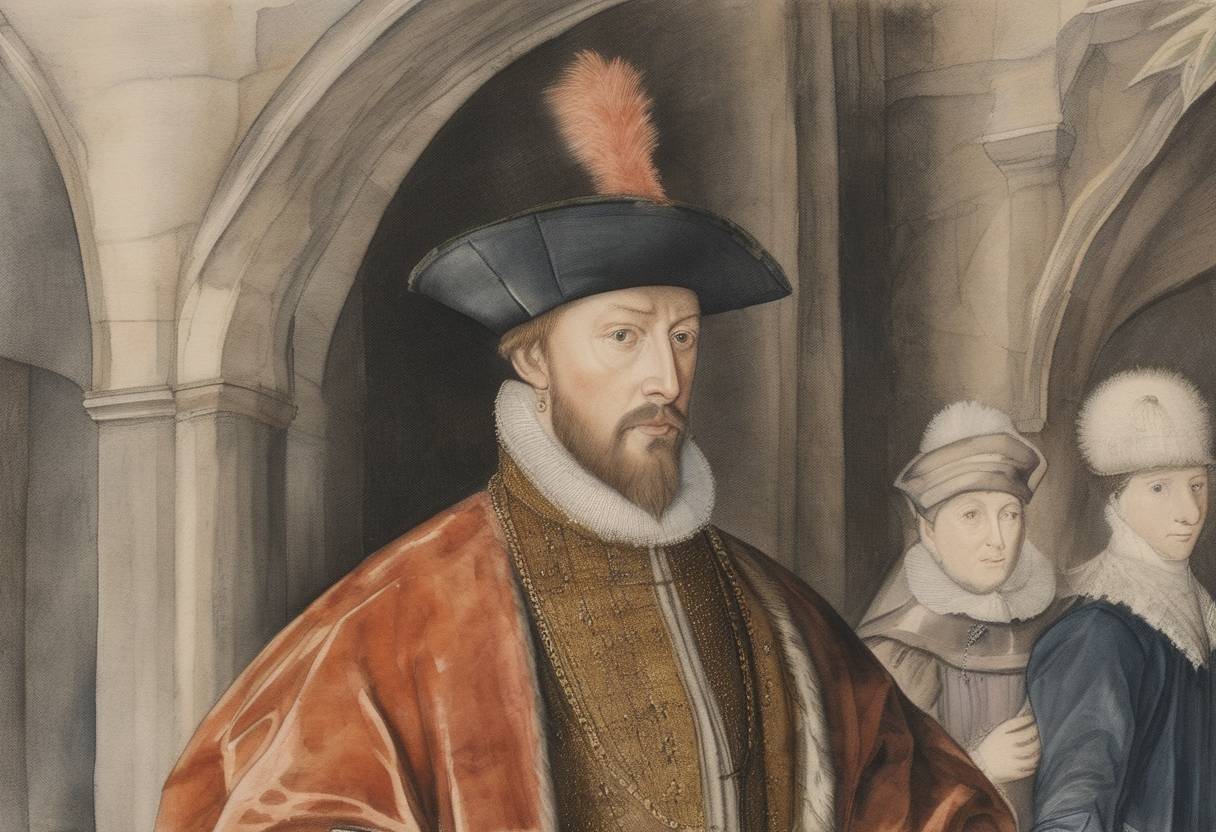 Watercolor painting based depiction of Thomas Howard, 4th Duke of Norfolk, arrested for alleged conspiracy against Queen Elizabeth I. (1571)