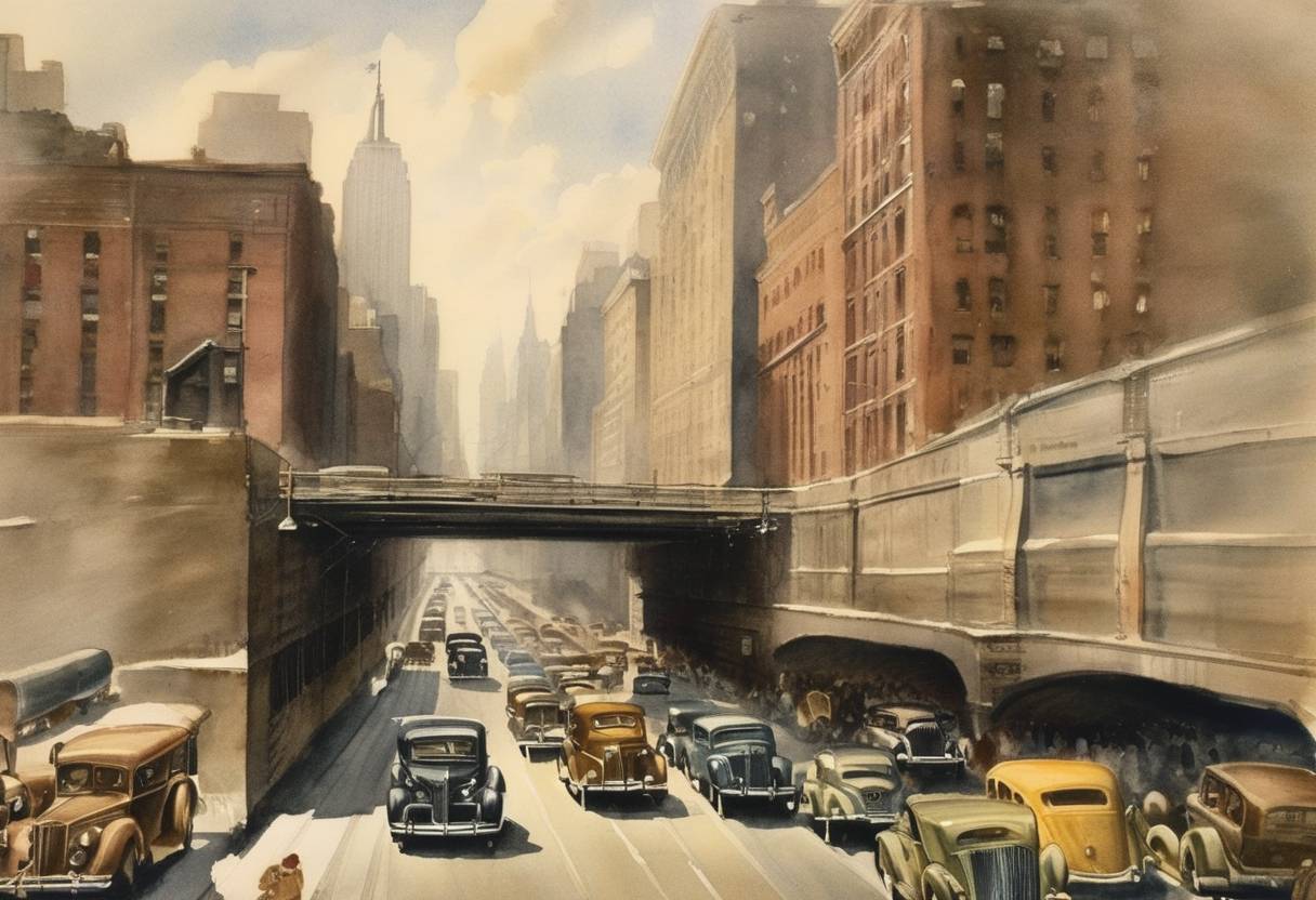 Watercolor painting based depiction of The Lincoln Tunnel in New York City was opened to traffic, providing a crucial connection between Manhattan and New Jersey under the Hudson River. (1937)