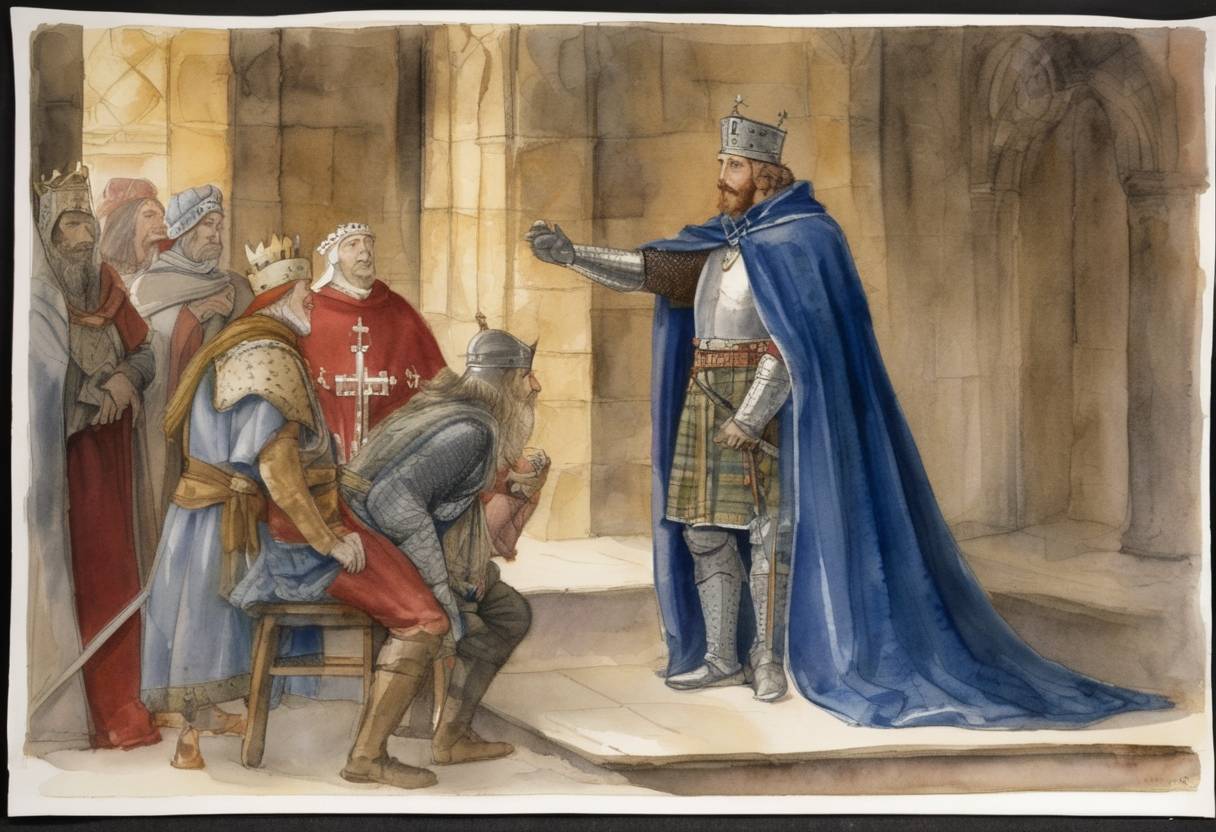 Watercolor painting based depiction of Robert the Bruce, King of Scots, was excommunicated by Pope Clement V after failing to comply with papal commands regarding Scottish church matters during his conflict with King Edward I of England. (1306)