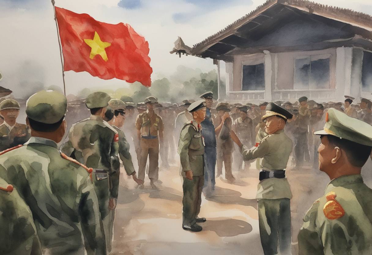 Watercolor painting based depiction of The military in Myanmar staged a coup d'état, detaining de facto leader Aung San Suu Kyi and President Win Myint. The military declared a state of emergency, citing alleged electoral fraud in the November 2020 general elections, and took control, installing Min Aung Hlaing as the leader. (2021)