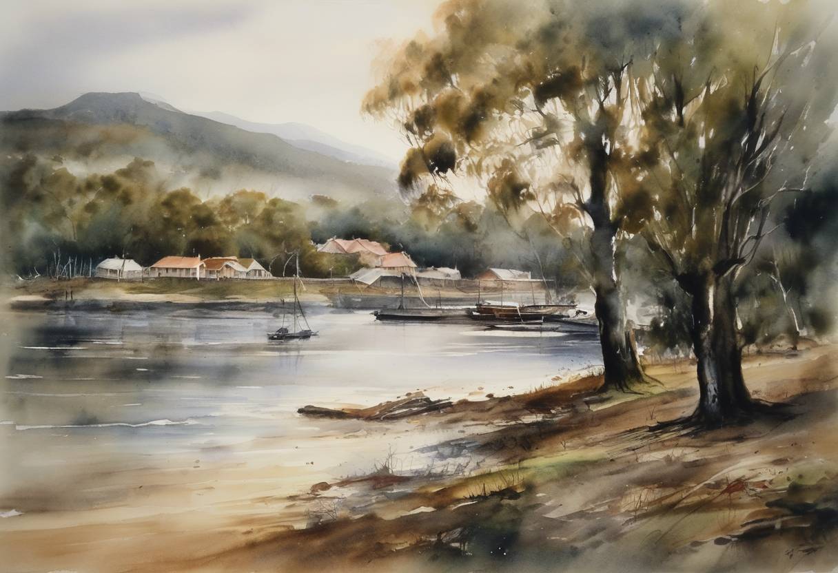 Watercolor painting based depiction of The Port Arthur massacre occurred in Tasmania, Australia, where a gunman killed 35 people and wounded 23 others, leading to major reforms in Australian gun control laws. (1996)