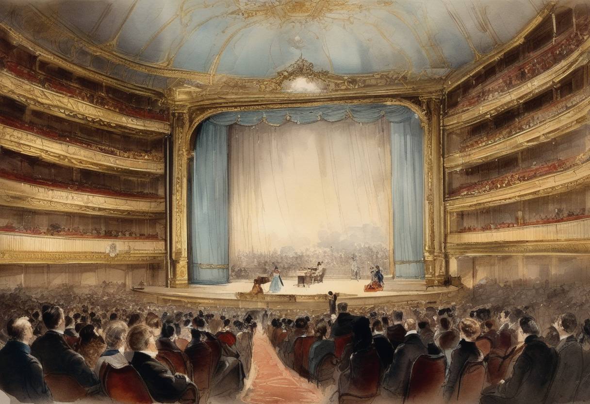 Watercolor painting based depiction of The world's first telephoned performance takes place at the Théâtre de l'Opéra in Paris. (1881)