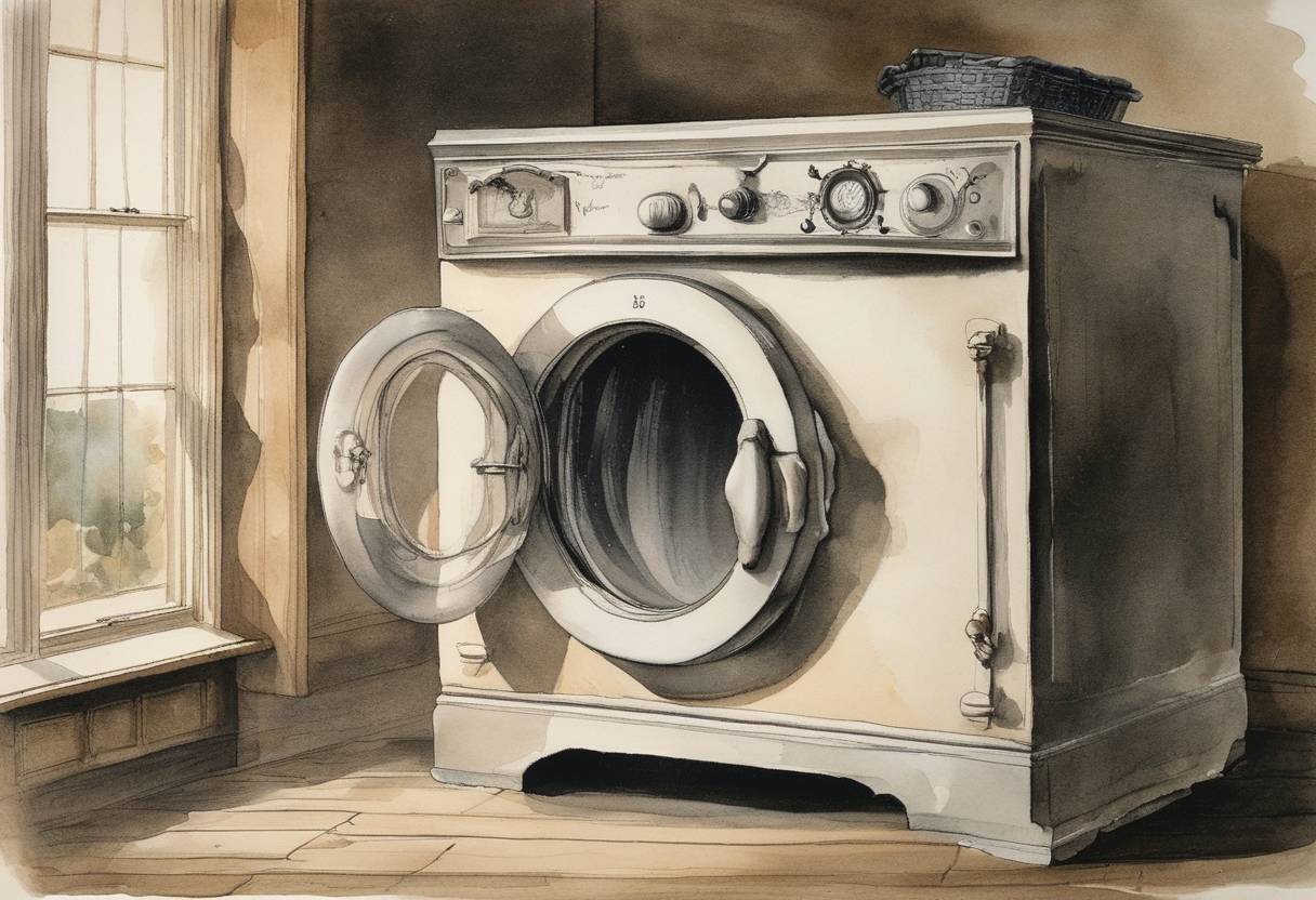Watercolor painting based depiction of Nathaniel Briggs of New Hampshire was awarded the first U.S. patent for a washing machine. (1797)