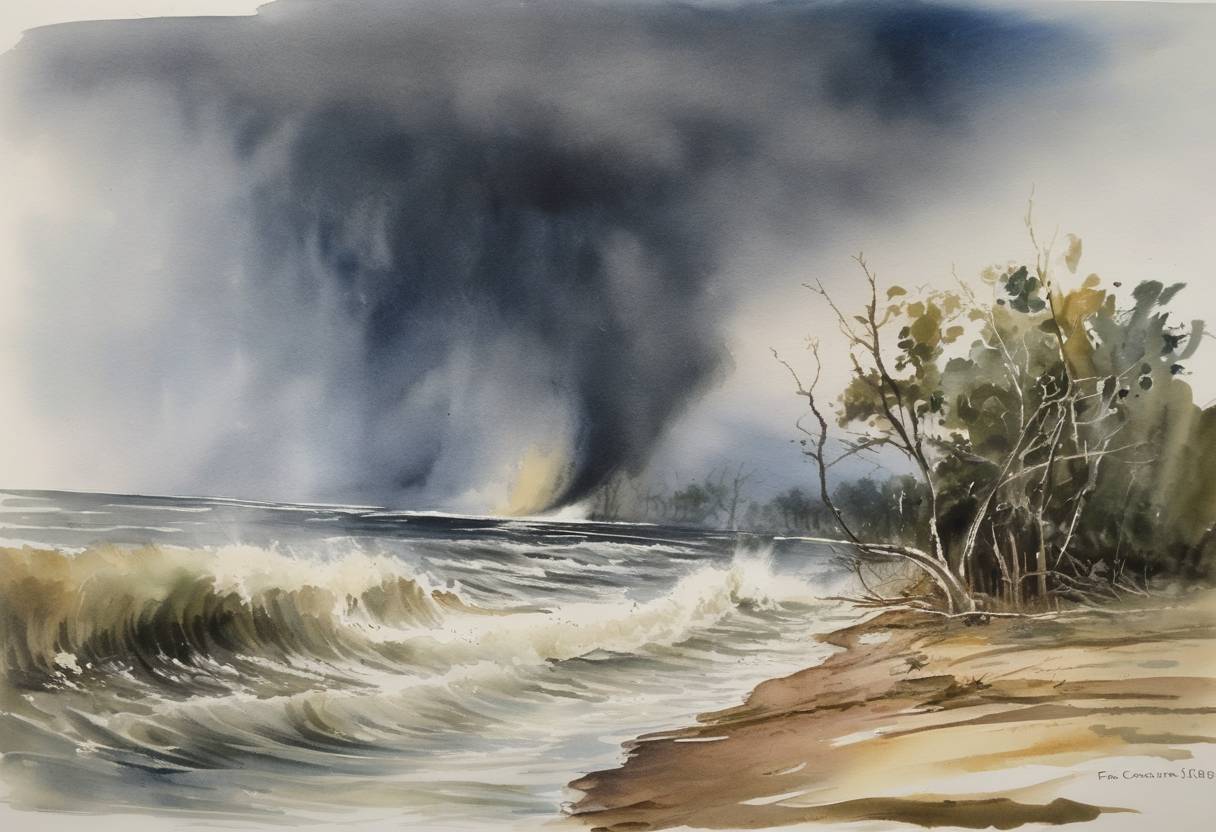 Watercolor painting based depiction of Hurricane Camille, a Category 5 storm, makes landfall along the Mississippi Gulf Coast, causing extensive damage and resulting in over 250 deaths. (1969)