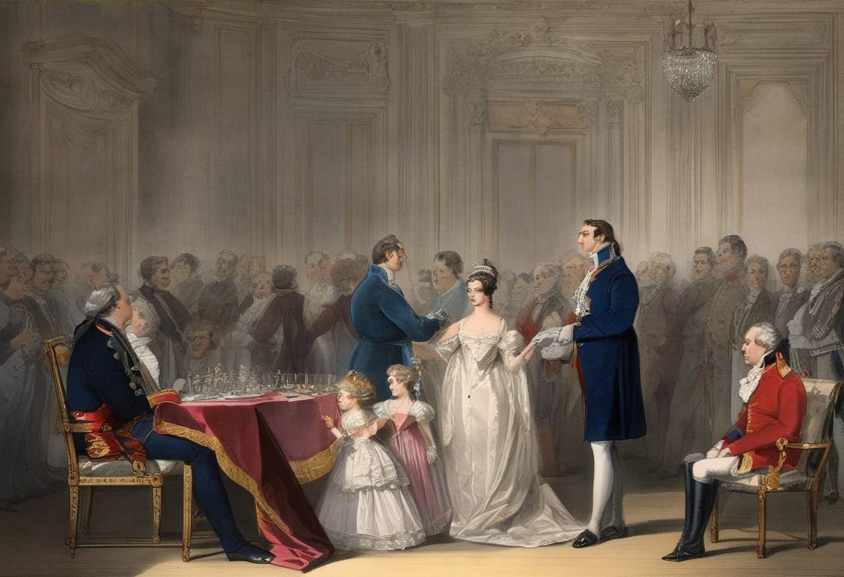 Watercolor painting based depiction of Charles X of France abdicates in favor of his grandson, Henri, Count of Chambord, following the July Revolution. (1830)