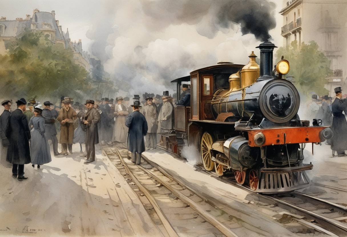 Watercolor painting based depiction of A major railway collision occurs in Montparnasse, Paris, resulting in a public outcry and reforms in train safety protocols. (1891)