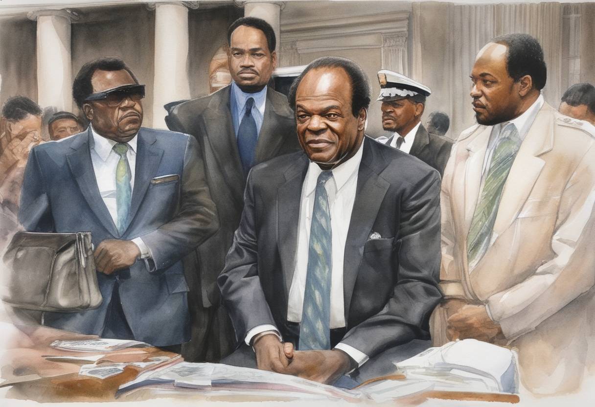 Watercolor painting based depiction of In Washington, D.C., Mayor Marion Barry was arrested for drug possession in an FBI sting operation. (1990)