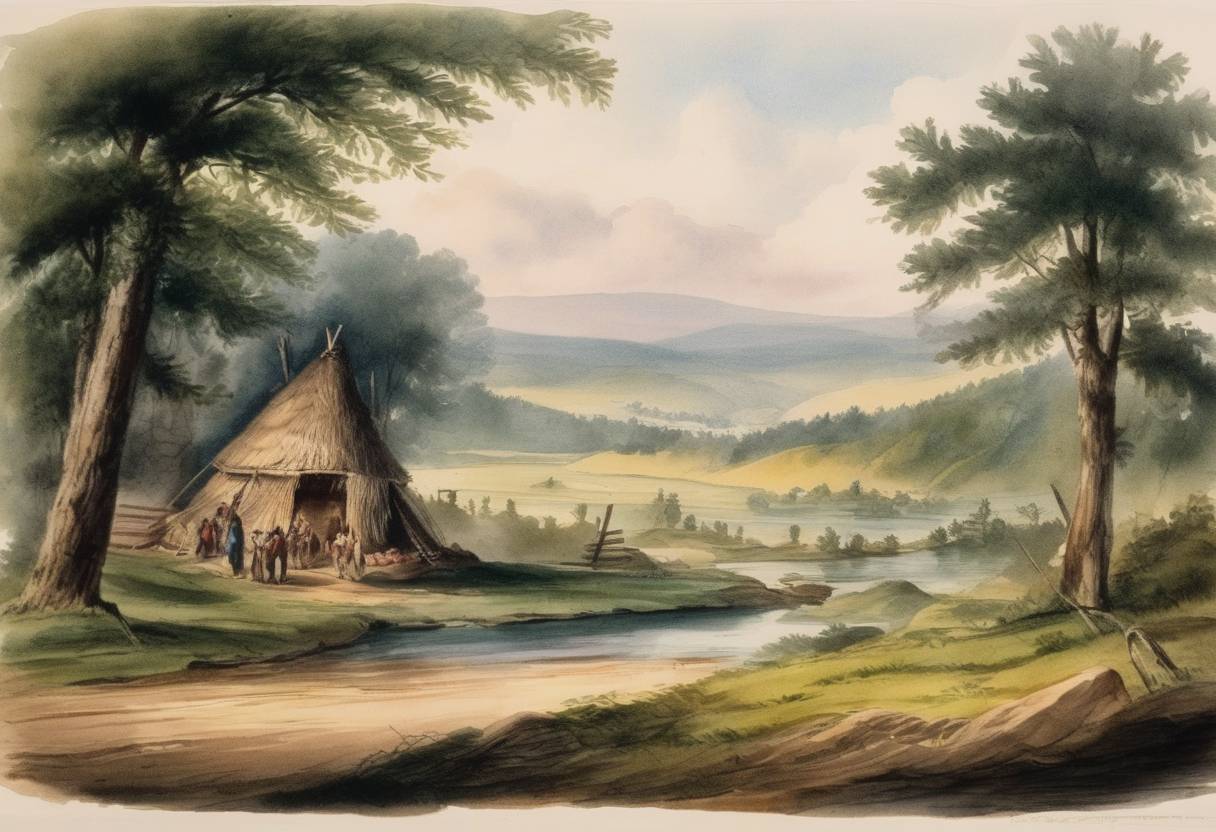 Watercolor painting based depiction of The Treaty of Lewistown was signed between the United States and the Shawnee and Seneca tribes, stipulating the cession of lands by the tribes in exchange for land allocations elsewhere, as part of the policies that would later be known collectively as the Indian Removal. (1829)