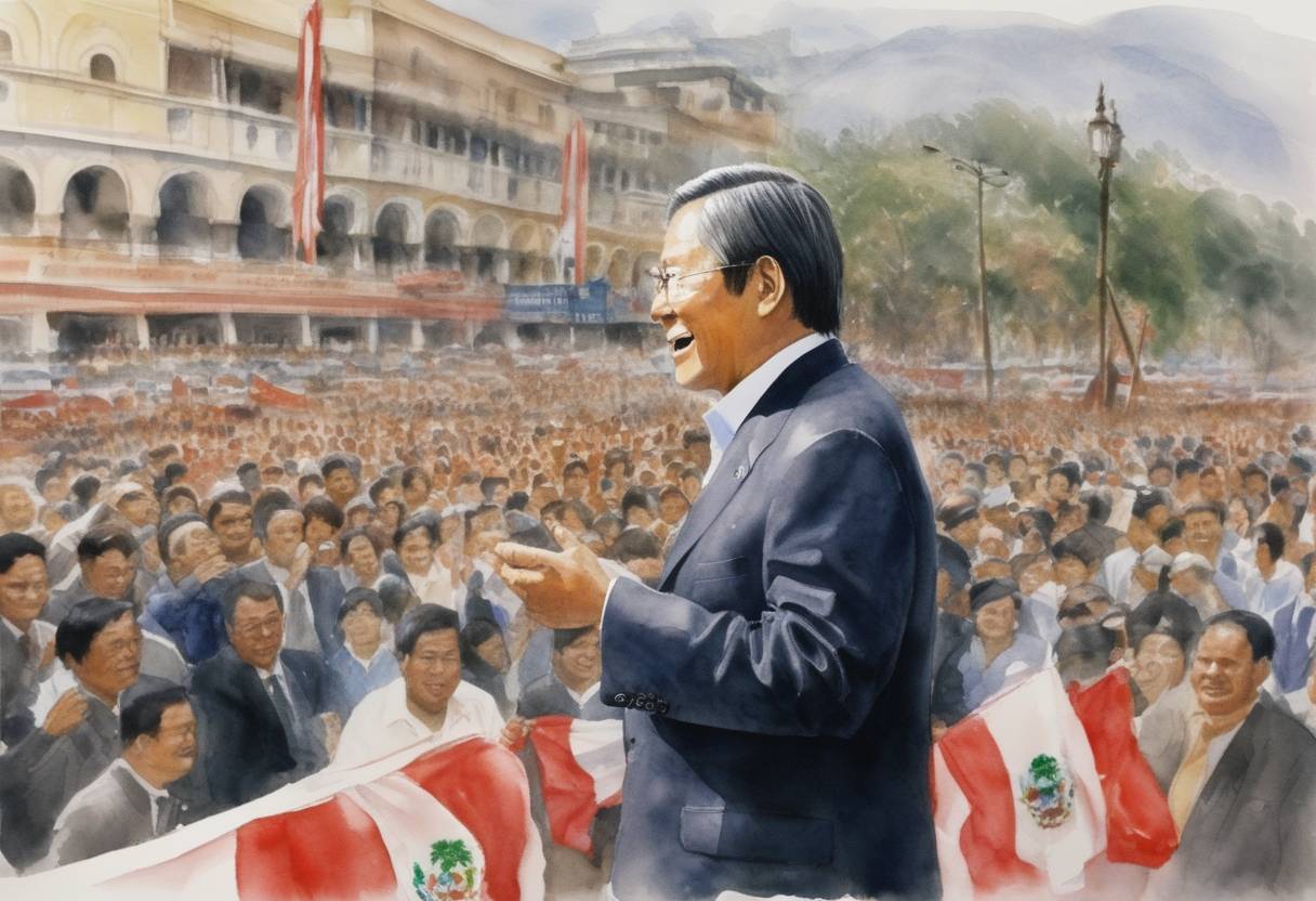 Watercolor painting based depiction of President Alberto Fujimori of Peru won re-election in controversial circumstances, leading to political unrest. (2000)