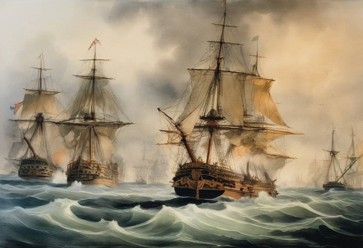 Watercolor painting based depiction of The First Battle of Ushant, a naval battle between British and French fleets during the American Revolutionary War, took place in the English Channel. The battle was indecisive and led to political fallout for some British commanders. (1778)