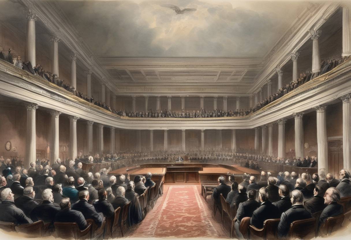 Watercolor painting based depiction of The U.S. Senate begins the impeachment trial of President Andrew Johnson, accused of 'high crimes and misdemeanors,' primarily for violating the Tenure of Office Act. (1868)