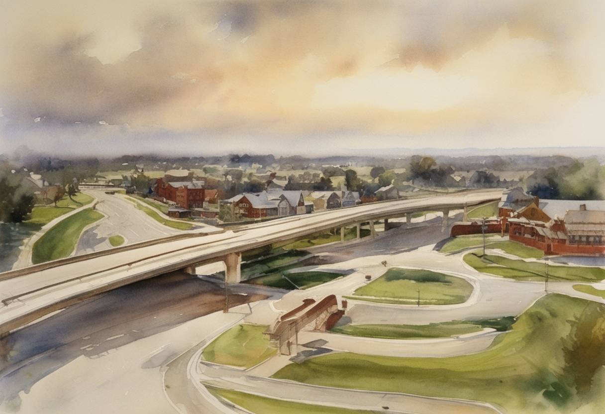 Watercolor painting based depiction of The Woodbridge Cloverleaf, the first cloverleaf interchange in the United States, opens in Woodbridge Township, New Jersey. (1924)