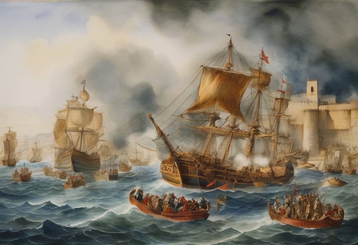 Watercolor painting based depiction of The naval Battle of Malta took place between the fleets of the Kingdom of Aragon and the Kingdom of Sicily, part of the larger War of the Sicilian Vespers. (1283)