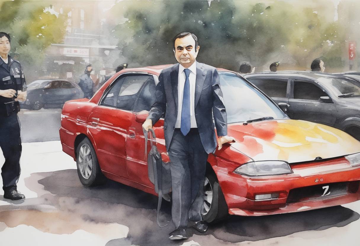 Watercolor painting based depiction of Carlos Ghosn, chairman of Nissan, is arrested in Japan on charges of financial misconduct, including under-reporting his income and misuse of company assets. (2018)