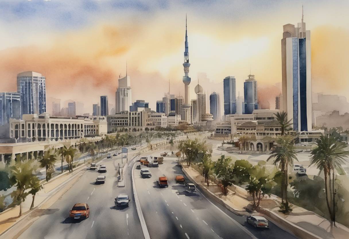 Watercolor painting based depiction of The government of Kuwait resigned amid political tensions between the executive and legislative branches, contributing to ongoing political instability in the country. (2022)