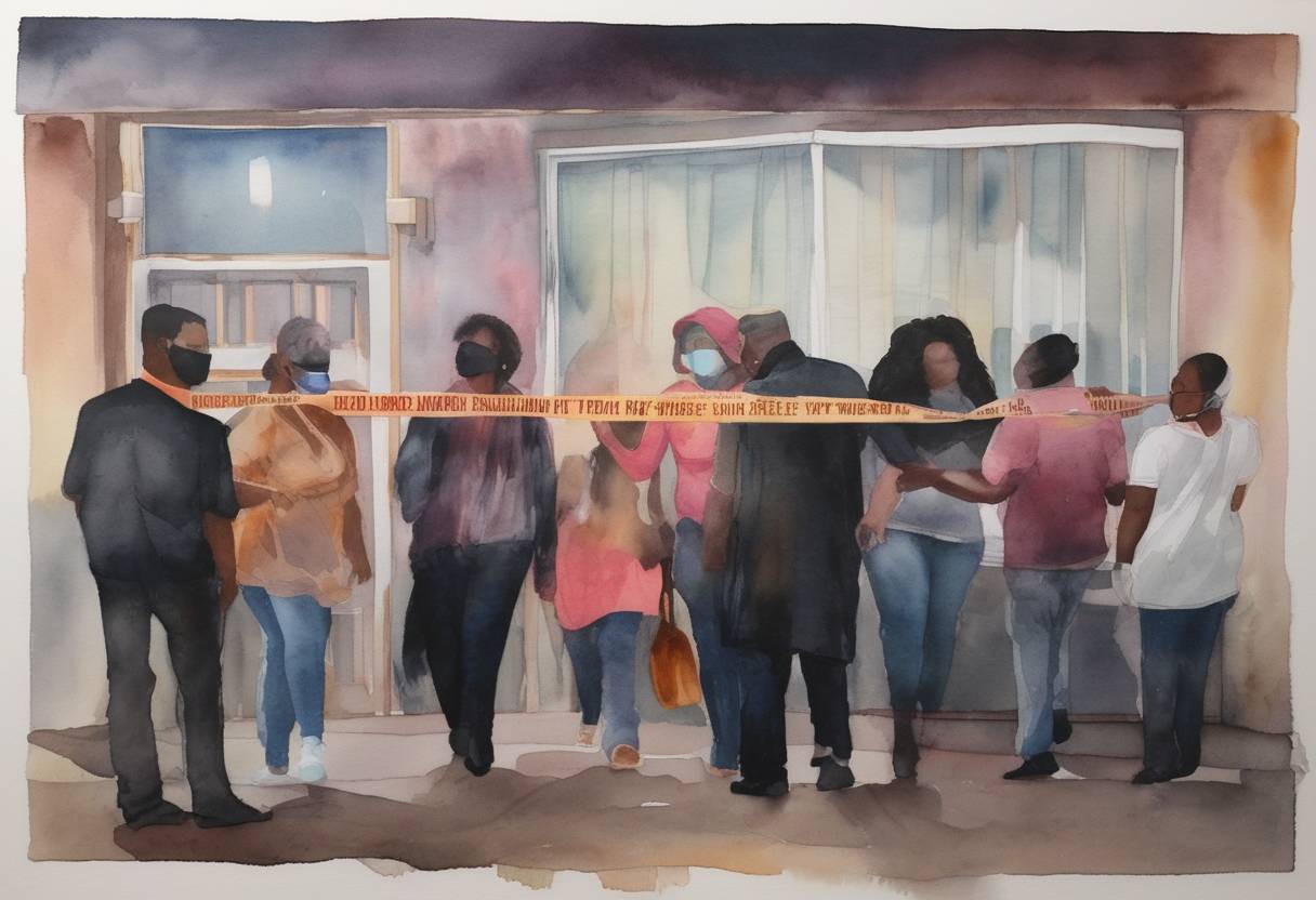 Watercolor painting based depiction of Eight people were killed in a series of shootings at three massage parlors in the Atlanta area, highlighting issues of race, gender, and gun violence in the United States. The suspect was arrested later that day. (2021)