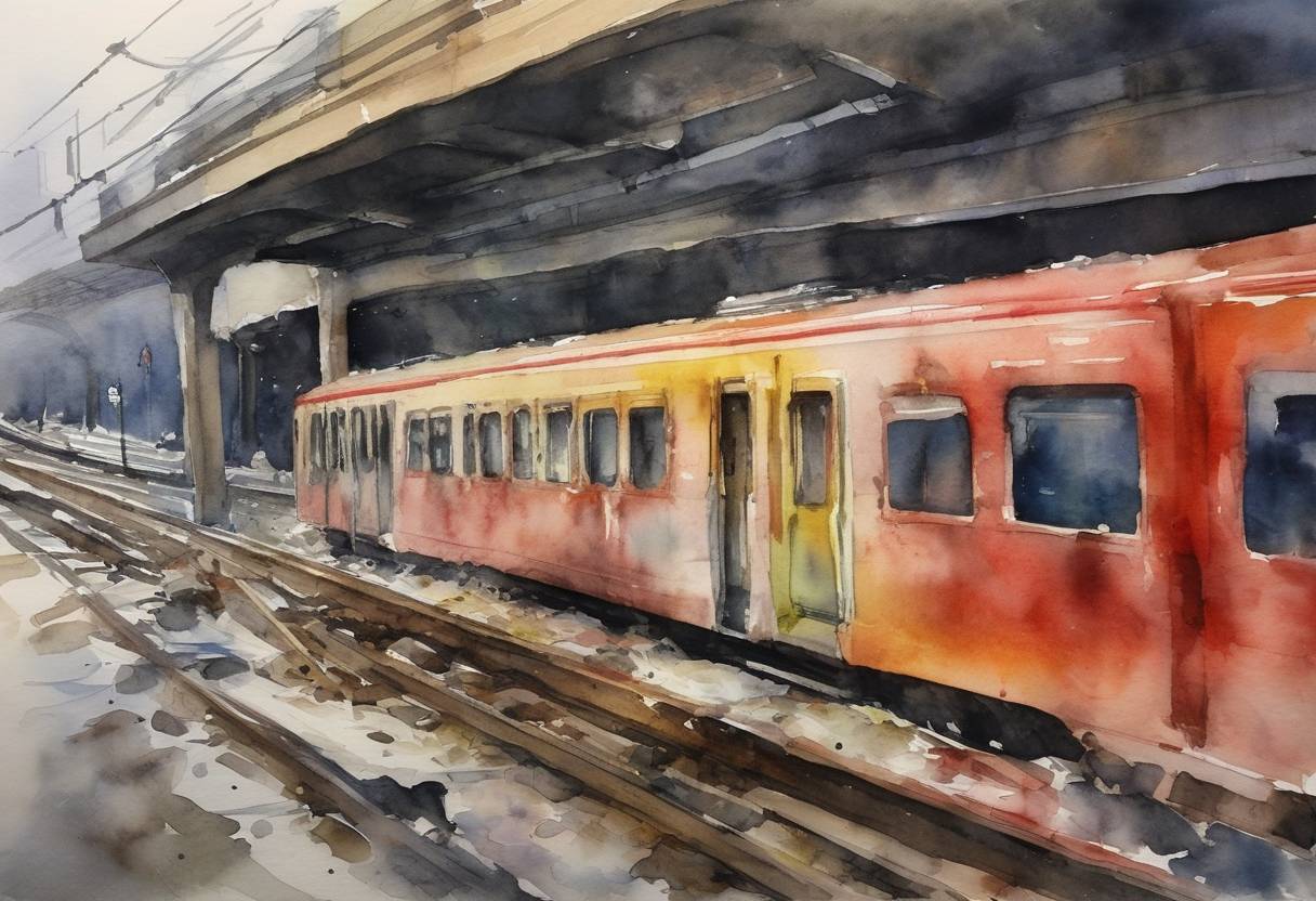 Watercolor painting based depiction of A metro train derails in Moscow, Russia, killing 23 people and injuring more than 160. (2014)