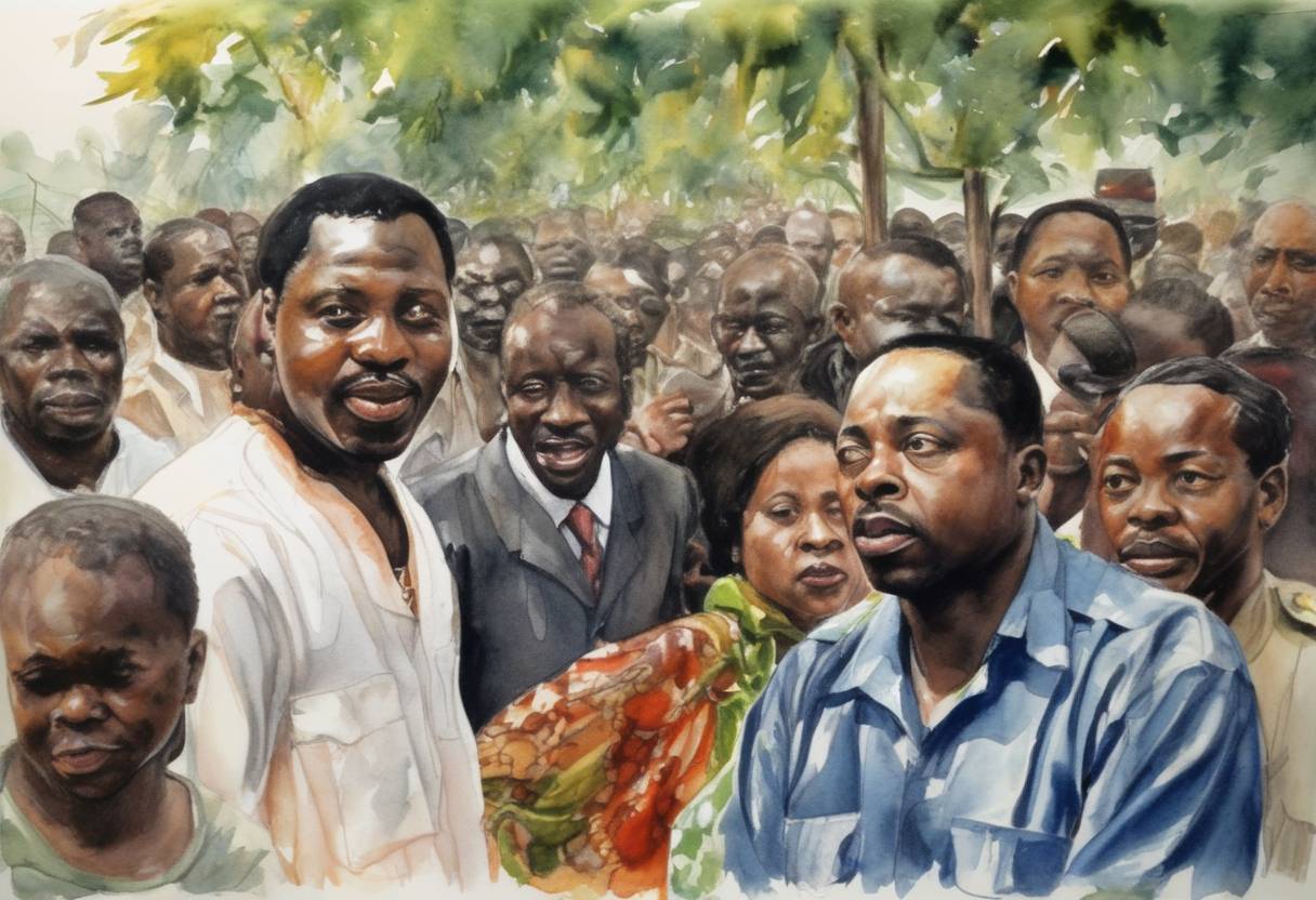 Watercolor painting based depiction of In Nigeria, environmental and human rights activist Ken Saro-Wiwa and eight others are executed by the military government after a controversial trial, sparking international outrage. (1995)