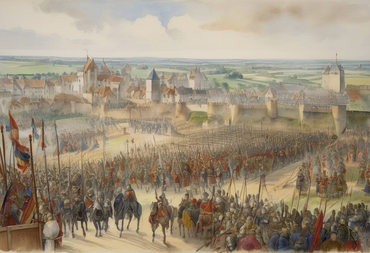 Watercolor painting based depiction of The Treaty of Brétigny is ratified as a treaty during the Hundred Years' War, marking a temporary resumption of peace between England and France. (1360)