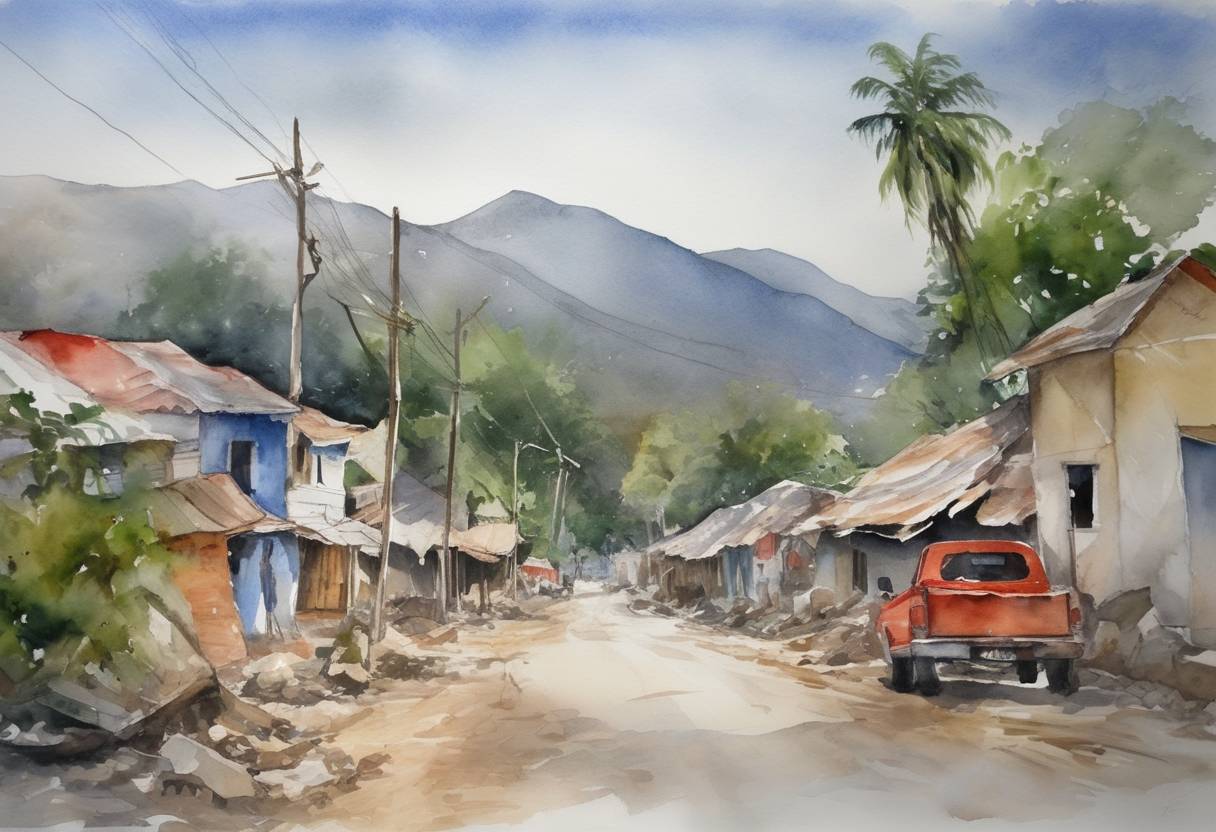 Watercolor painting based depiction of In Haiti, after the devastating earthquake on January 12, 2010, international aid and rescue operations begin to accelerate. (2010)