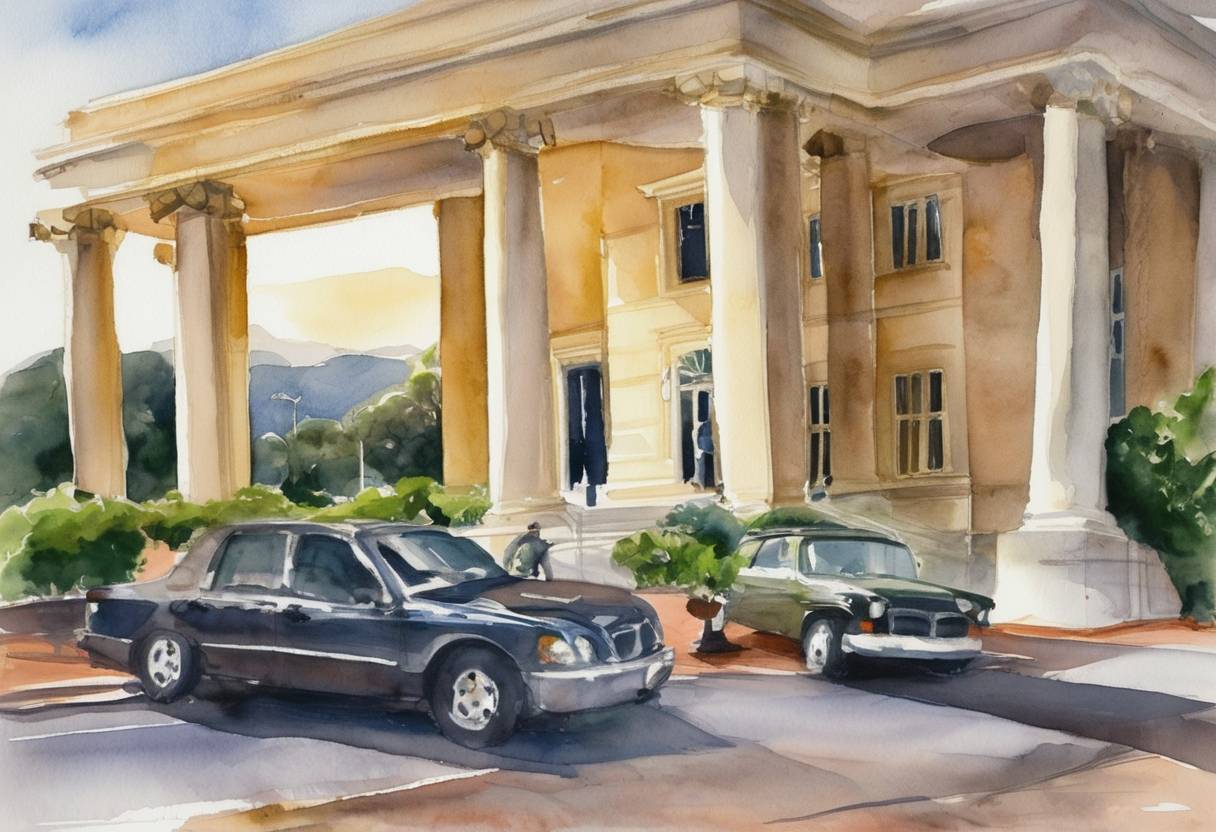 Watercolor painting based depiction of Parliament House in Canberra was locked down due to a security scare. This action was taken as a precautionary measure following a terror threat email sent to Australian authorities. (2004)