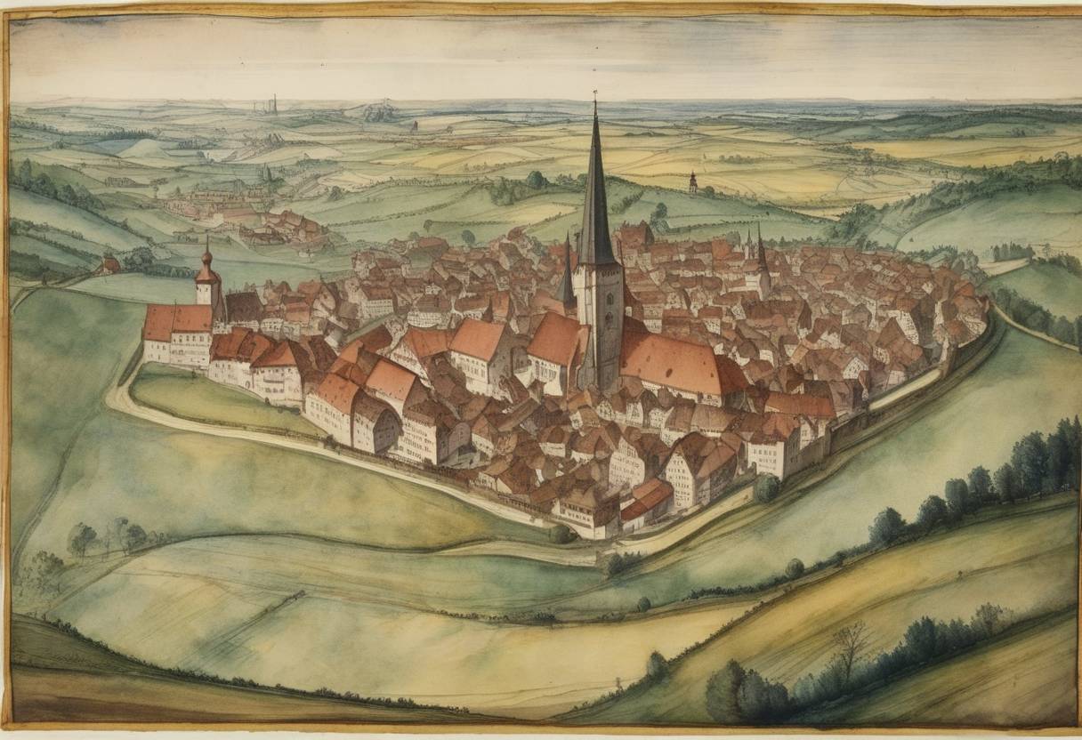Watercolor painting based depiction of The city of Nördlingen witnessed a celestial phenomenon known as a 'sun dog' which was widely interpreted as a miraculous sign due to its strange visual effects, similar to multiple suns appearing in the sky. (1561)