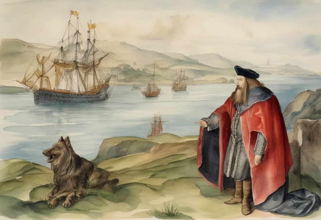 Watercolor painting based depiction of King James IV of Scotland issues a report about the sea travels of explorer John Cabot, reflecting inter-European interest in transatlantic exploration following Cabot’s discovery of parts of North America. (1497)