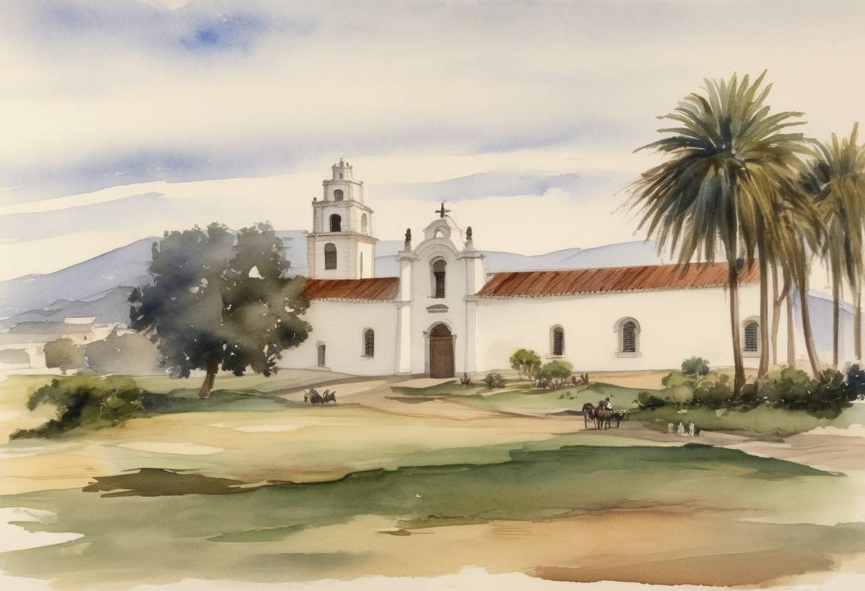 Watercolor painting based depiction of Mission San Luis Rey de Francia, the 18th Spanish mission in California, is founded. (1798)