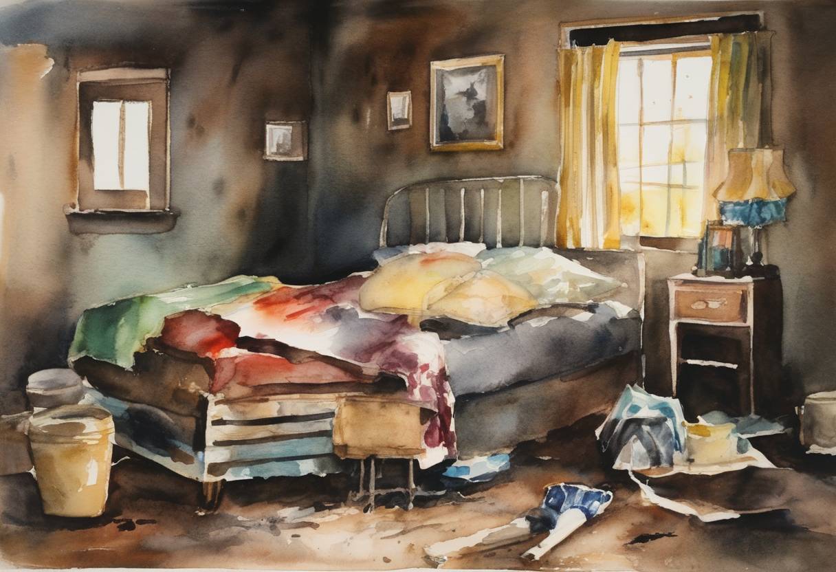 Watercolor painting based depiction of Richard Hickock and Perry Smith murdered the Clutter family in Holcomb, Kansas, an event that became the basis for Truman Capote's 1966 non-fiction novel 'In Cold Blood'. (1959)