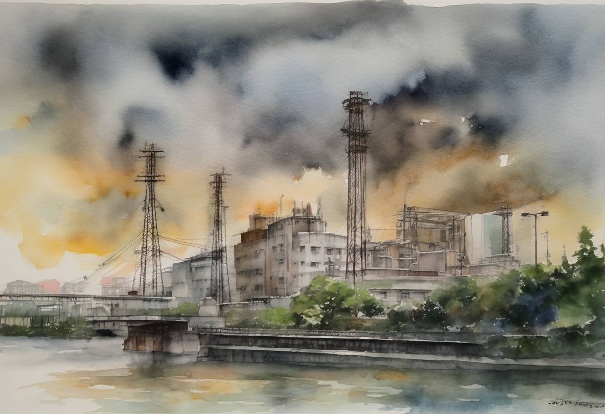 Watercolor painting based depiction of The Tokyo High Court acquitted three former executives of Tokyo Electric Power Company (TEPCO), reversing their previous conviction related to the 2011 Fukushima disaster. (2021)