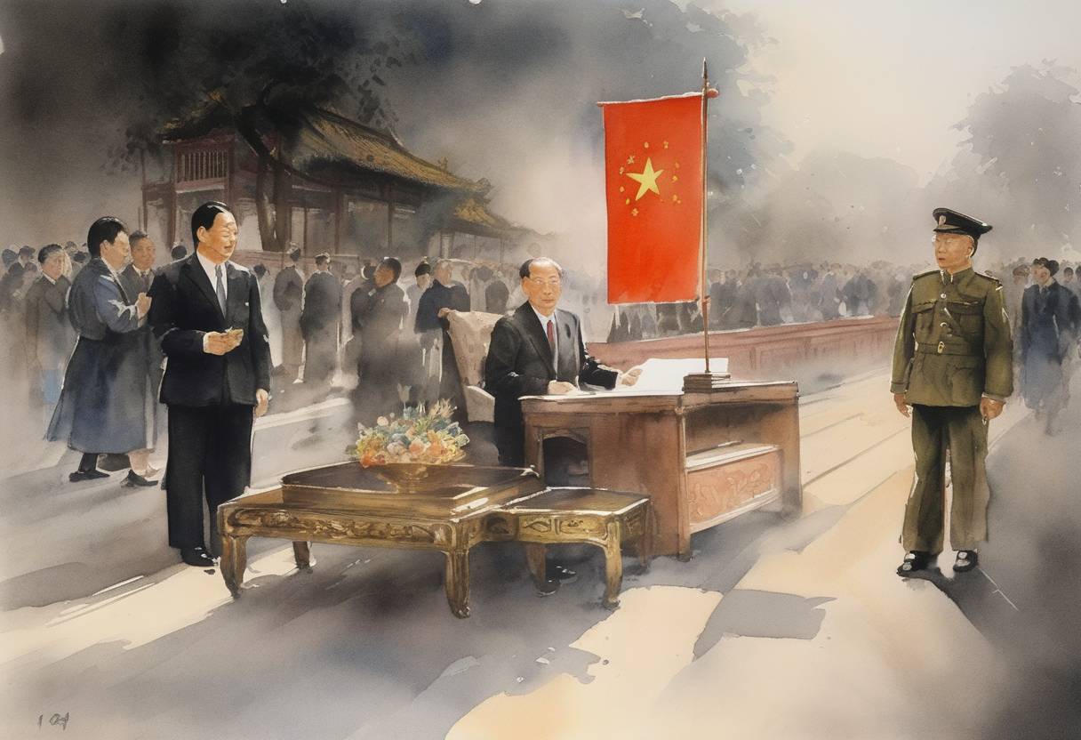 Watercolor painting based depiction of The Sino-British Joint Declaration, an agreement on the future of Hong Kong, was signed in Beijing by the People's Republic of China and the United Kingdom. (1984)