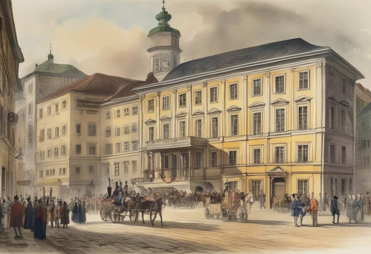 Watercolor painting based depiction of The First proto-socialist Congress of Laibach (now Ljubljana, Slovenia) was convened as part of the European meetings following the Napoleonic Wars. (1821)