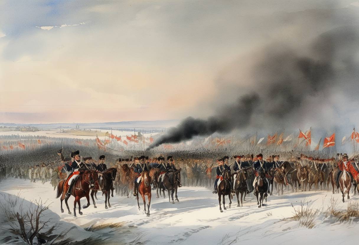 Watercolor painting based depiction of On October 25, 1812, during the Napoleonic Wars, the Battle of Maloyaroslavets took place. This was a significant engagement between the Russian Empire and the Grand Army of Napoleon. The battle was a strategic standoff, and although the French declared victory, it forced Napoleon to retreat along the same ravaged paths that they had advanced, hastening the demise of his army during the Russian campaign. (1812)