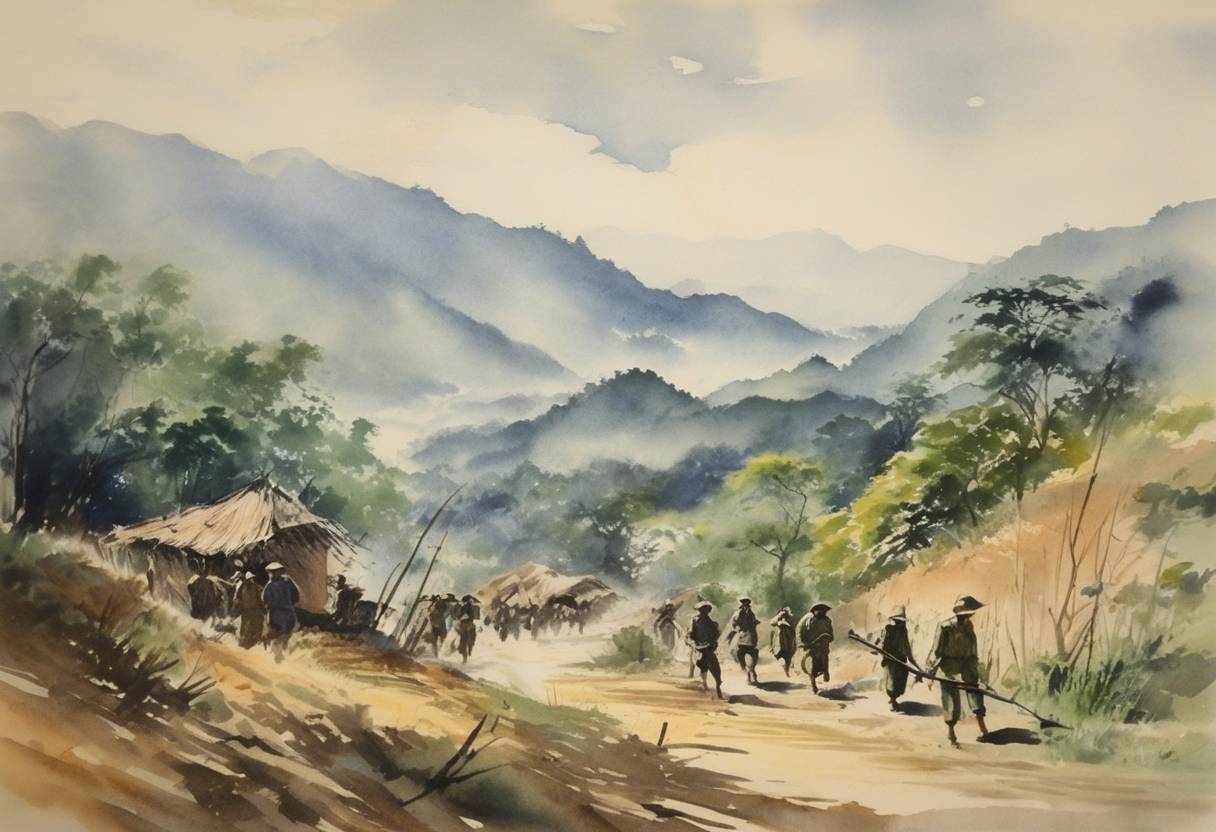 Watercolor painting based depiction of During World War II, Japanese forces invaded Burma's Southern Shan States, advancing further into Southeast Asia. (1942)