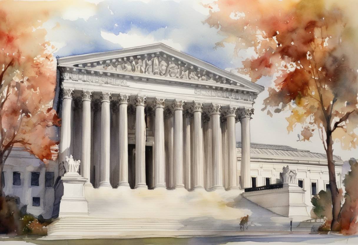 Watercolor painting based depiction of The Supreme Court of the United States upheld the Affordable Care Act as constitutional in the landmark decision for National Federation of Independent Business v. Sebelius. (2012)