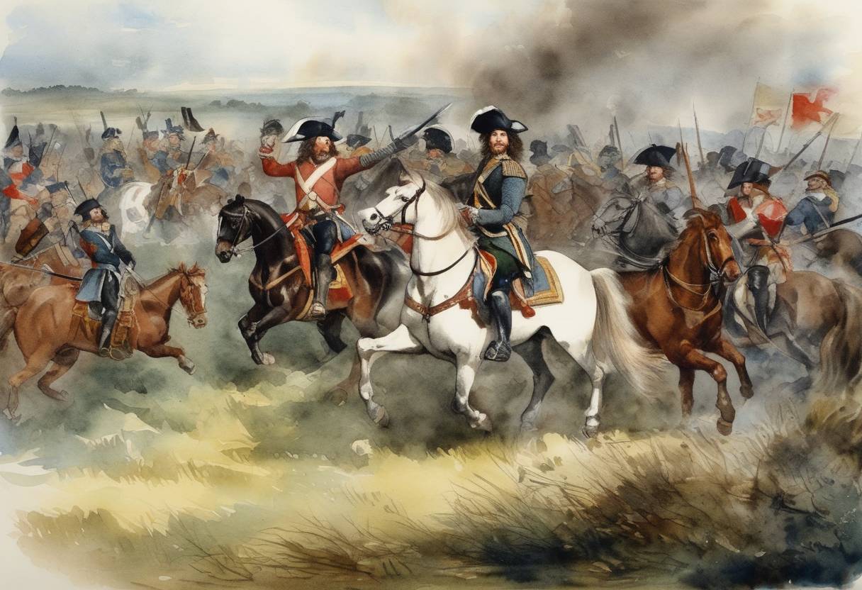 Watercolor painting based depiction of The Battle of Naseby was fought during the English Civil War, resulting in a decisive victory for the Parliamentarian New Model Army over King Charles I's Royalist forces. (1645)
