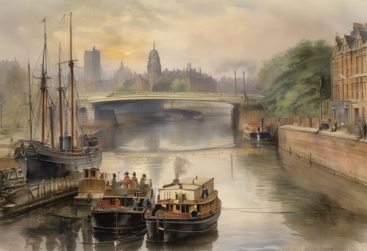 Watercolor painting based depiction of The time and date were fixed for the opening of the Manchester Ship Canal by Queen Victoria. (1894)