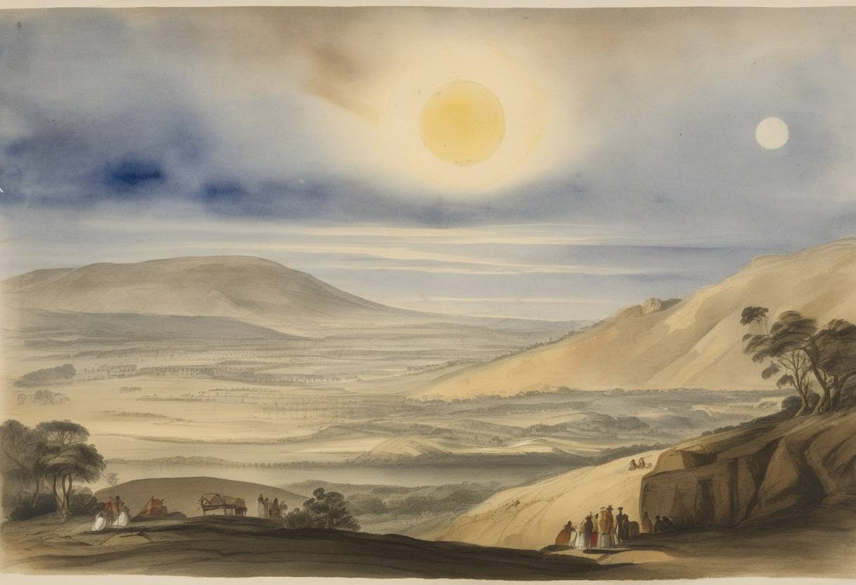 Watercolor painting based depiction of A transit of Venus was observed by Jerimiah Dixon and Charles Mason at the Royal Observatory, Cape of Good Hope, which was part of efforts to measure the distance from Earth to the sun. (1769)
