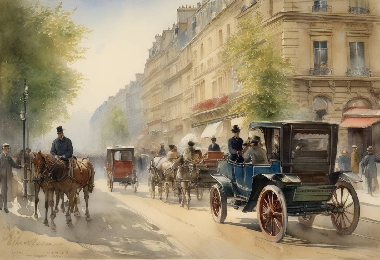 Watercolor painting based depiction of France issues the first legislation requiring the registration of all motor vehicles, the first such law in history. (1893)