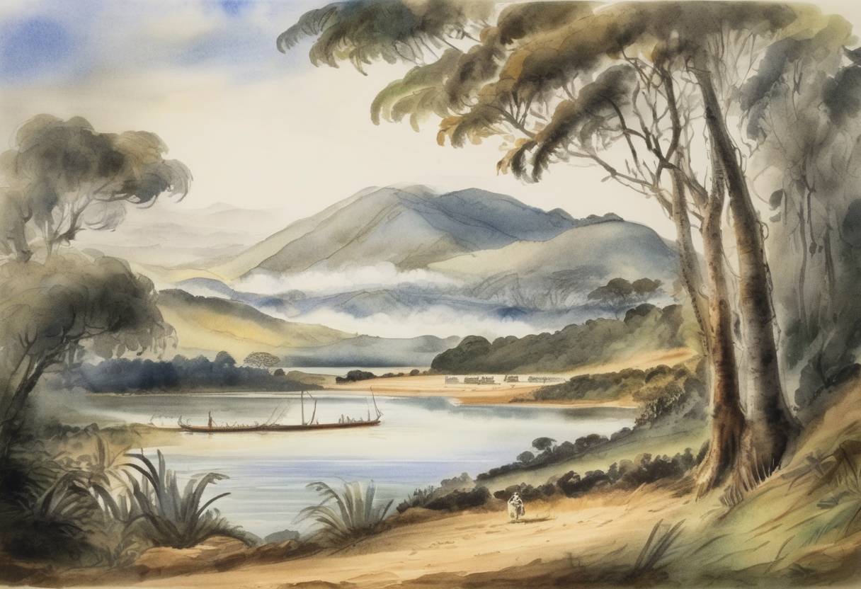 Watercolor painting based depiction of The Treaty of Waitangi was signed in New Zealand by Māori chiefs and representatives of the British Crown. (1840)