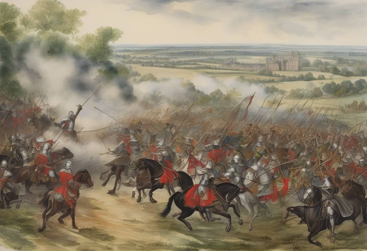 Watercolor painting based depiction of Wars of the Roses: The Battle of Tewkesbury took place. (1403)