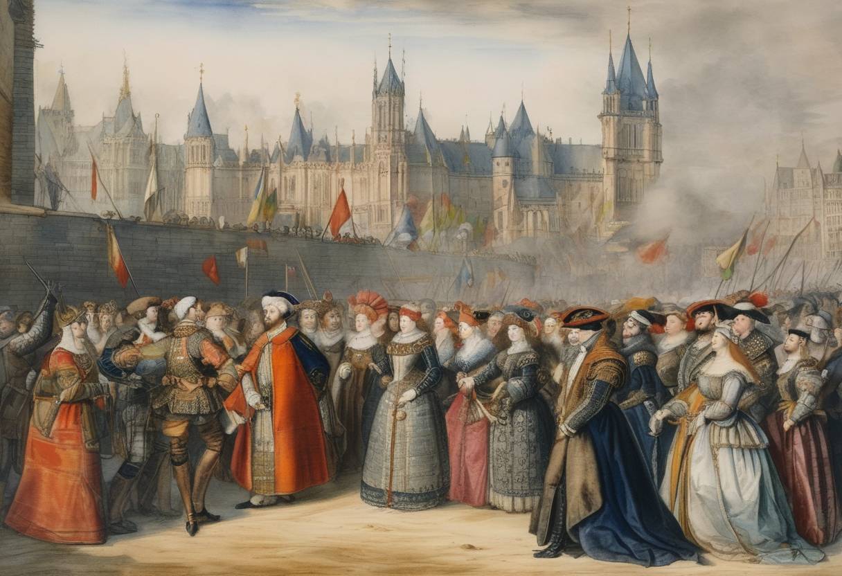 Watercolor painting based depiction of The Treaty of Cambrai, also known as the Ladies' Peace, was signed, ending the war between Francis I of France and Charles V, Holy Roman Emperor, over the Duchy of Burgundy. (1524)