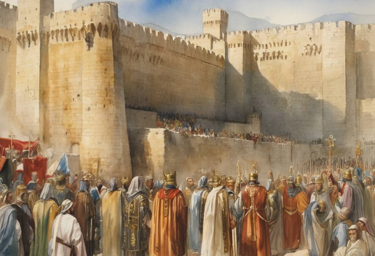 Watercolor painting based depiction of Baldwin I was crowned as the first King of Jerusalem. (1100)